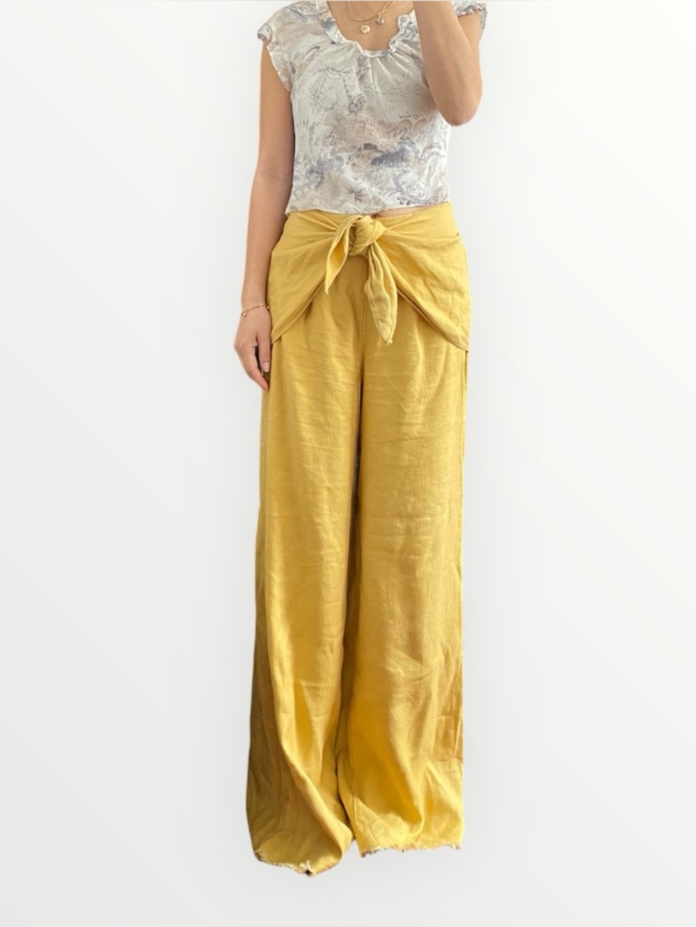 Anthro 9-H15 Stcl Mustard Yellow Front Tie High Waist Wide Leg Pants Size XS